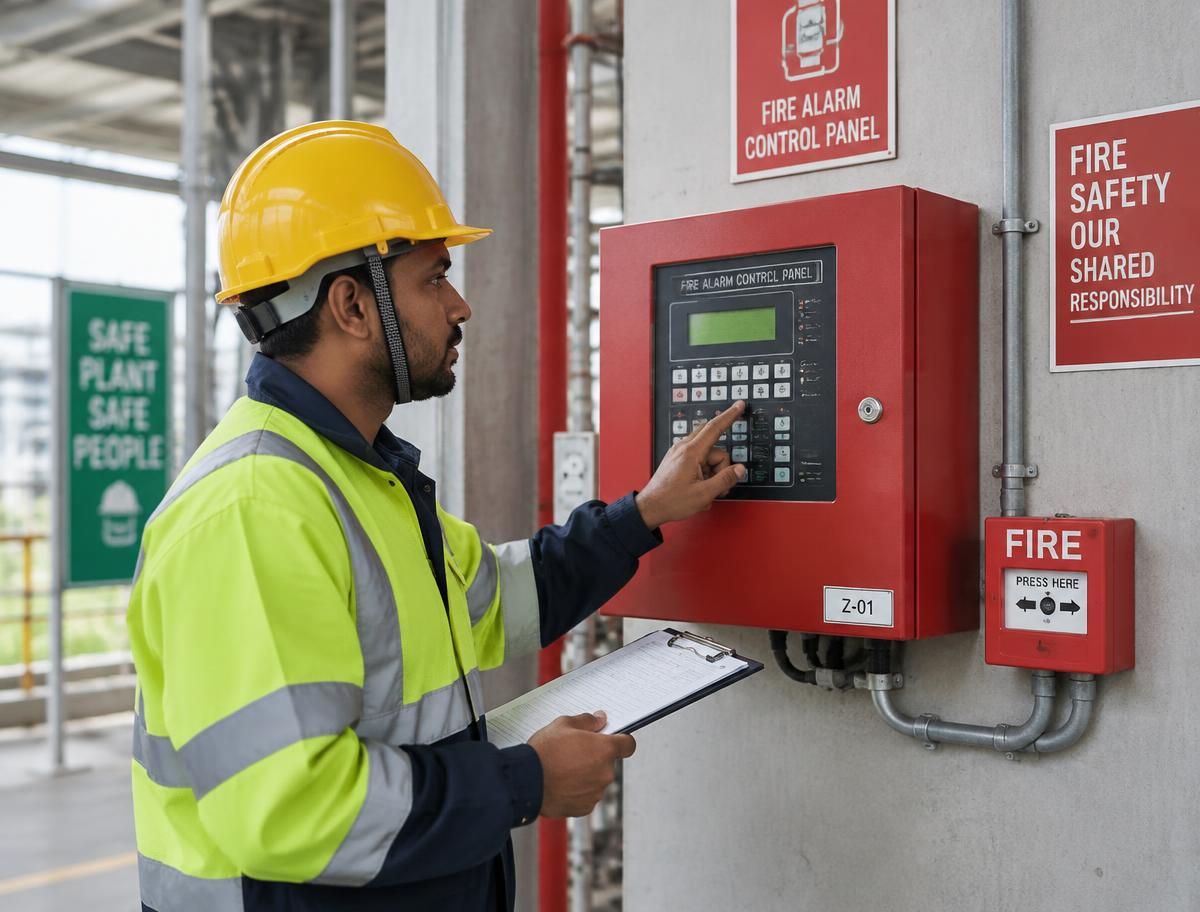 Technician inspecting a fire alarm control panel